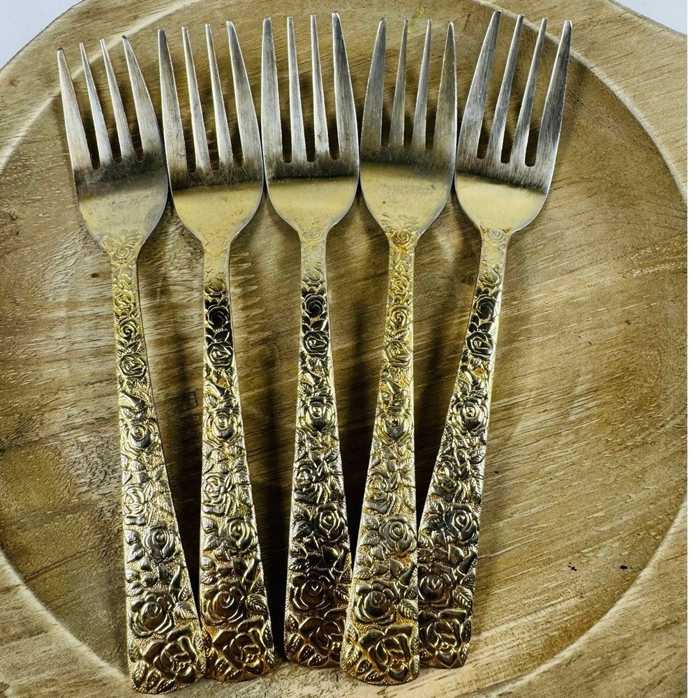 Cellini Romanesque Golden Japan Rose Floral Design Forks Set of 5 Used Fair READ
